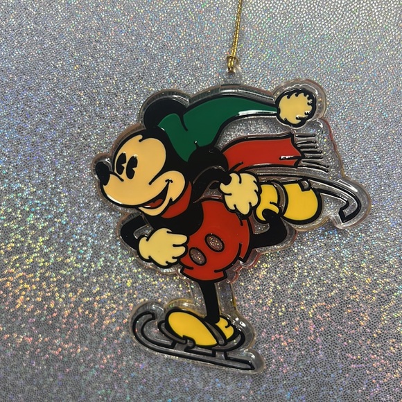 Disney Other - Disney ornament Mickey Mouse skiing vintage clear red green yellow black Xmas.